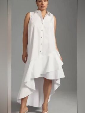 Anthropologie White Sleeveless High-Low Ruffle Shirt Dress
